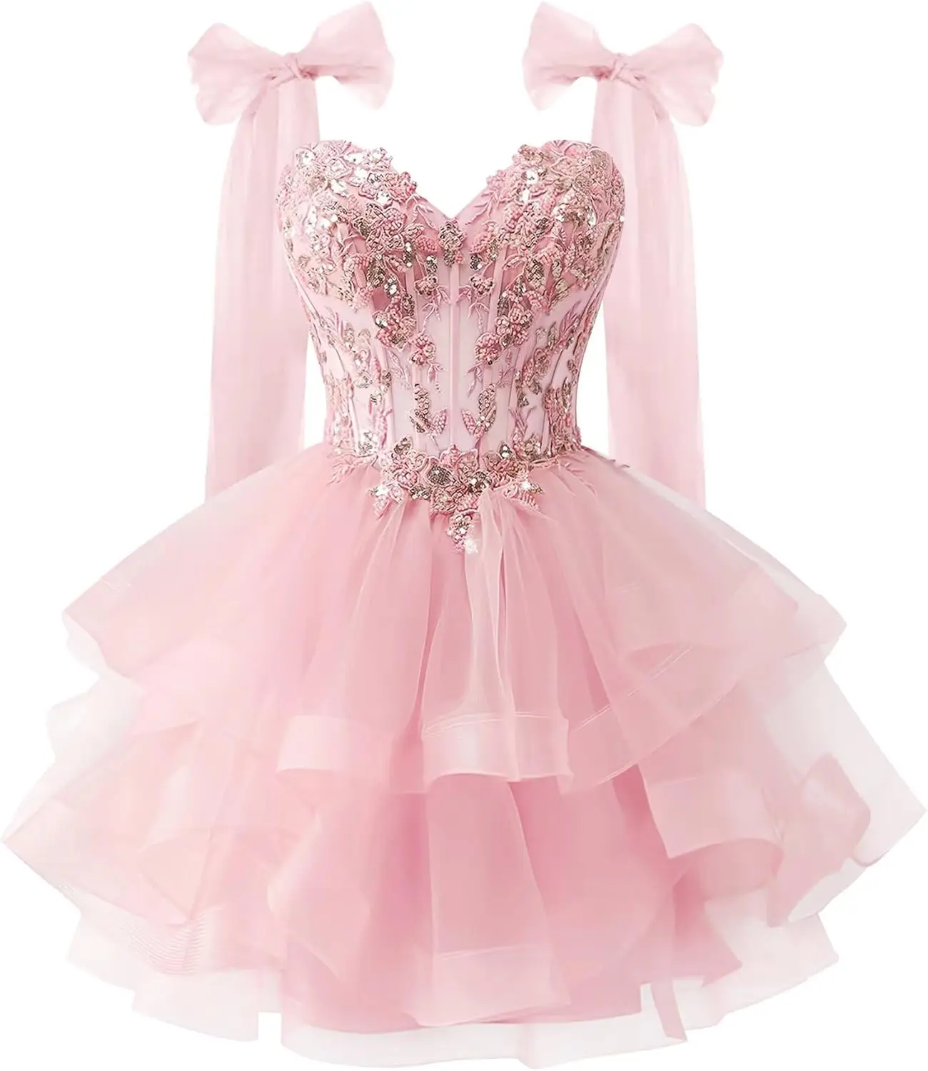 Tiered Tulle Homecoming Dresses Sparkly Lace Applique Bow Straps Short Prom Dress for Teens Cocktail Dress Graduation Dress