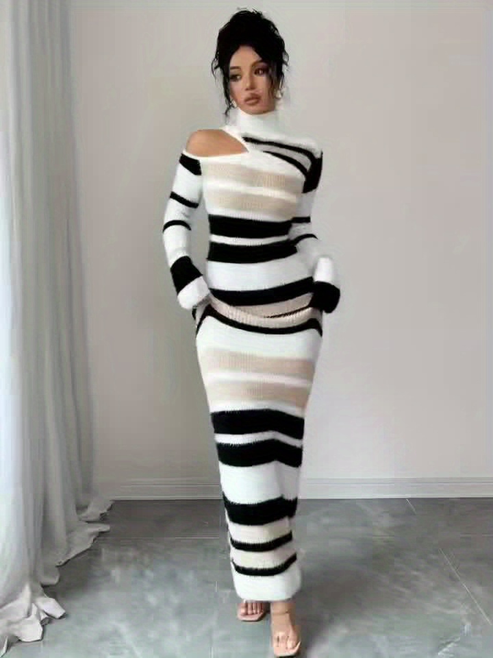 1pc Slim-Fit Extra-Long Style New Fashion Elegant Outdoor Back-to- Women's Multi-Color Semi-High Neck Versatile Pullover Dress, Spring Autumn Winter Three-Season Casual Wear Daily Essential Commuting Long Sleeve Contrast Color Sweater Dress, Chic - Image 7