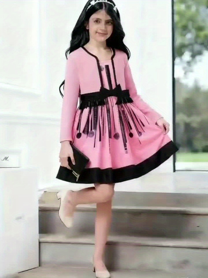 A Casual Dress for Girls Featuring a Random Print, Round Neck, And Bow, Paired with a Fringed Cardigan Set. Made from Comfortable, Skin-Friendly Fabric, It'S Perfect for Everyday Wear, Outdoor Activities, Parties, And Other Special Occasions - Image 11
