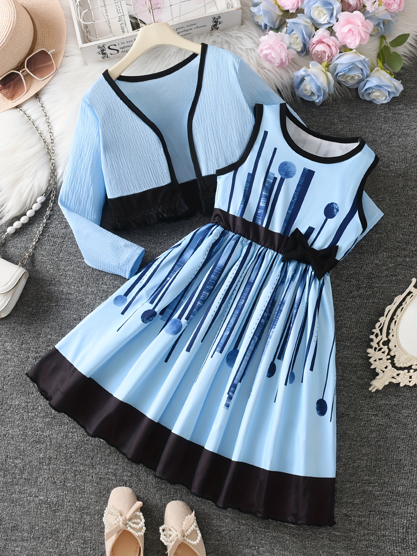 A Casual Dress for Girls Featuring a Random Print, Round Neck, And Bow, Paired with a Fringed Cardigan Set. Made from Comfortable, Skin-Friendly Fabric, It'S Perfect for Everyday Wear, Outdoor Activities, Parties, And Other Special Occasions - Image 3