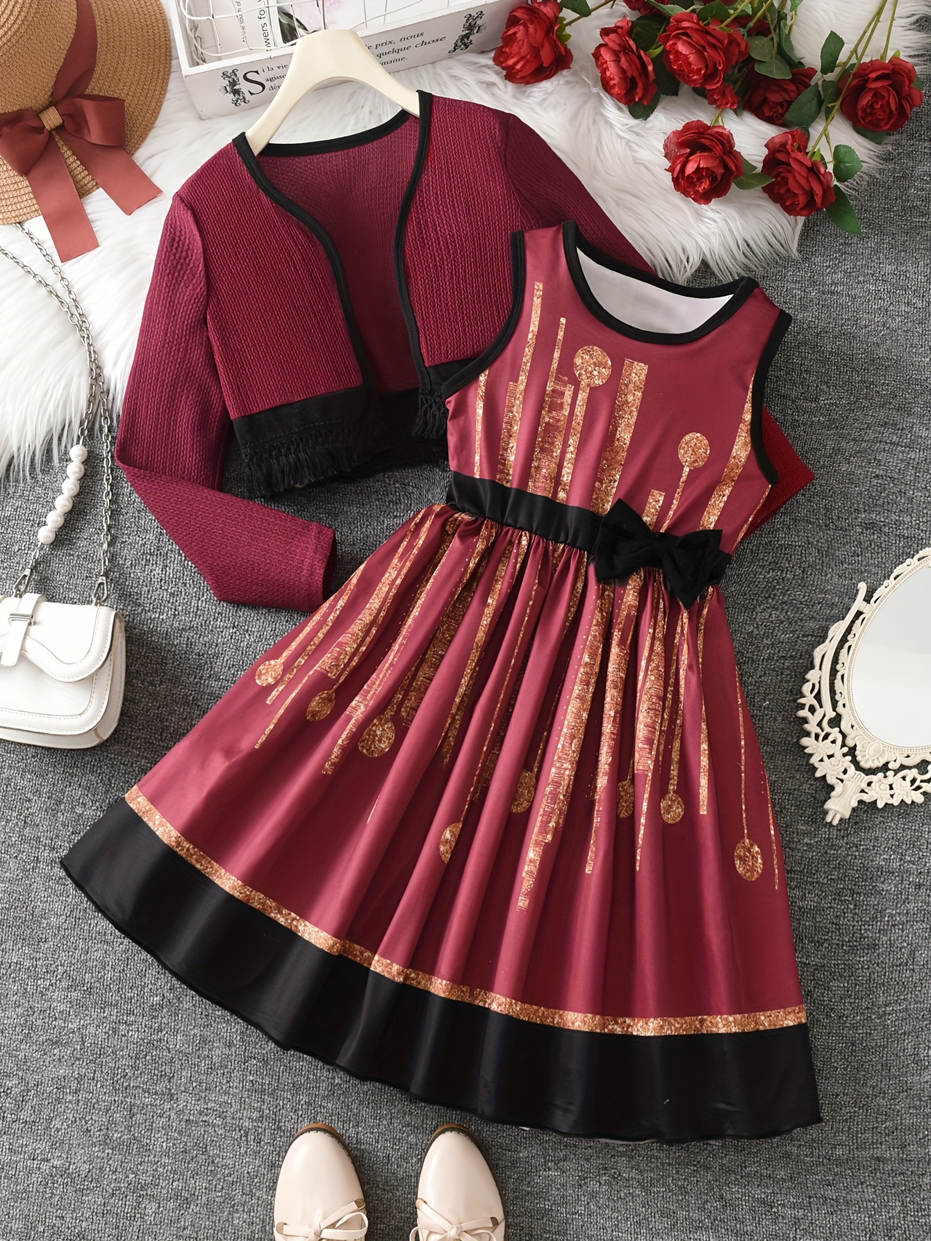 A Casual Dress for Girls Featuring a Random Print, Round Neck, And Bow, Paired with a Fringed Cardigan Set. Made from Comfortable, Skin-Friendly Fabric, It'S Perfect for Everyday Wear, Outdoor Activities, Parties, And Other Special Occasions - Image 2