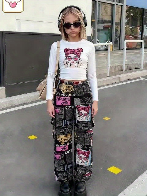 This Is a Sweet And Casual Autumn Outfit for Girls, Featuring Cartoon Prints And Fitted Long Sleeves with Pockets, Not Including Bags Or Other Additions. It Is Suitable for School Uniforms And Teen Girls' Clothing - Image 7