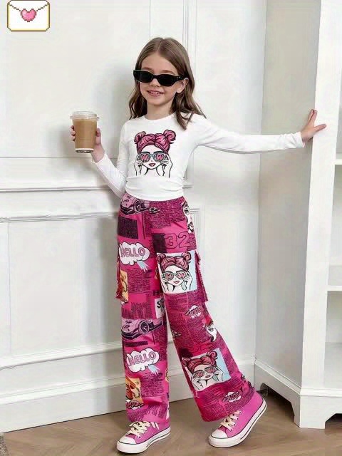 High-Rated Cool Girl Street Style Featuring a Cartoon Print Top Paired with Straight Cargo Pants That Have Side Pockets. This Is a Spring And Autumn Outfit, Excluding Bags And Other Additions. It Includes Girls' School Uniforms - Image 7
