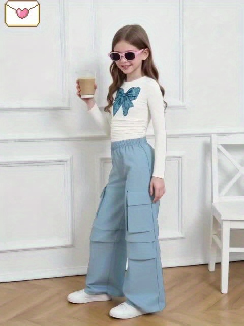 High-Scoring Girls' Autumn/Winter Long-Sleeve Bow Patch Top + Cargo Pants - A Perfect Balance of Cool and Cute, Making Your Child the Most Eye-Catching Street Style Star, Perfect for Outdoor - Image 6