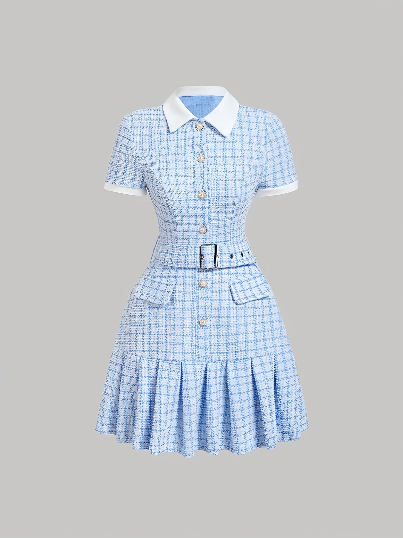 A Short-Sleeved Dress Featuring a Clear Checkered Pattern in a Vintage French Style, Combined with Retro Chess Prints. Perfect for Wear, It Embodies a Aesthetic with an Old-Money Vibe, Showcasing a Preppy Look. Adorned with Pearl Button Details And - Image 3
