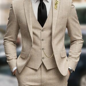 Men's 4pcs Suit Set, Exquisite Herringbone Tweed Fabric, Elegant Classic Cut, Ideal for Weddings, Business, Formal Occasions, Perfect Gift for Men, Christmas Gift Includes Jacket, Vest, Trousers, Tie