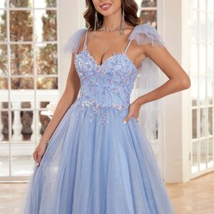 Pretty Sparkly Lace Prom Dresses Long with Bow Ball Gown Spaghetti Strap Ceremony Evening Gowns for Teens