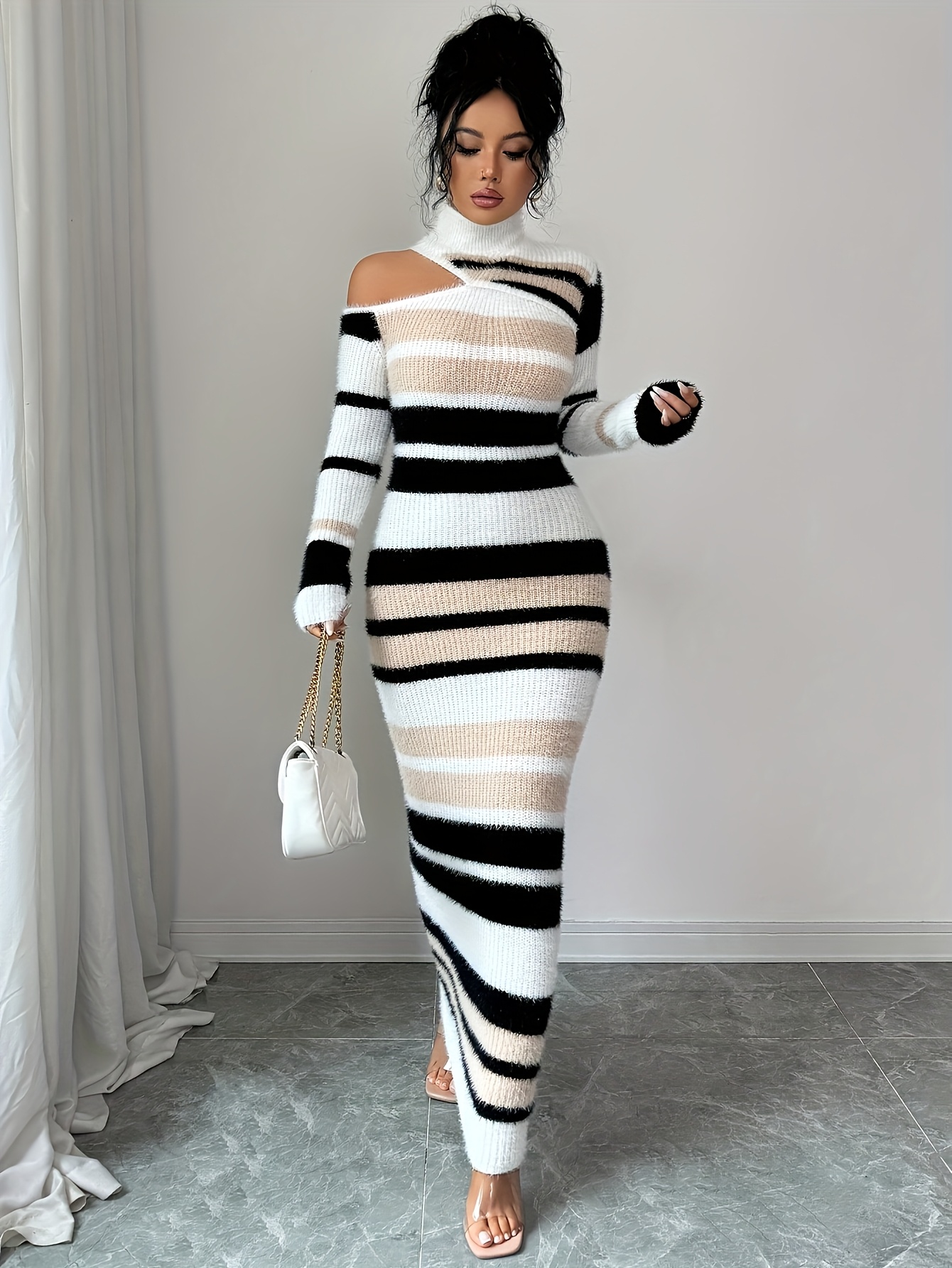 1pc Slim-Fit Extra-Long Style New Fashion Elegant Outdoor Back-to- Women's Multi-Color Semi-High Neck Versatile Pullover Dress, Spring Autumn Winter Three-Season Casual Wear Daily Essential Commuting Long Sleeve Contrast Color Sweater Dress, Chic - Image 4