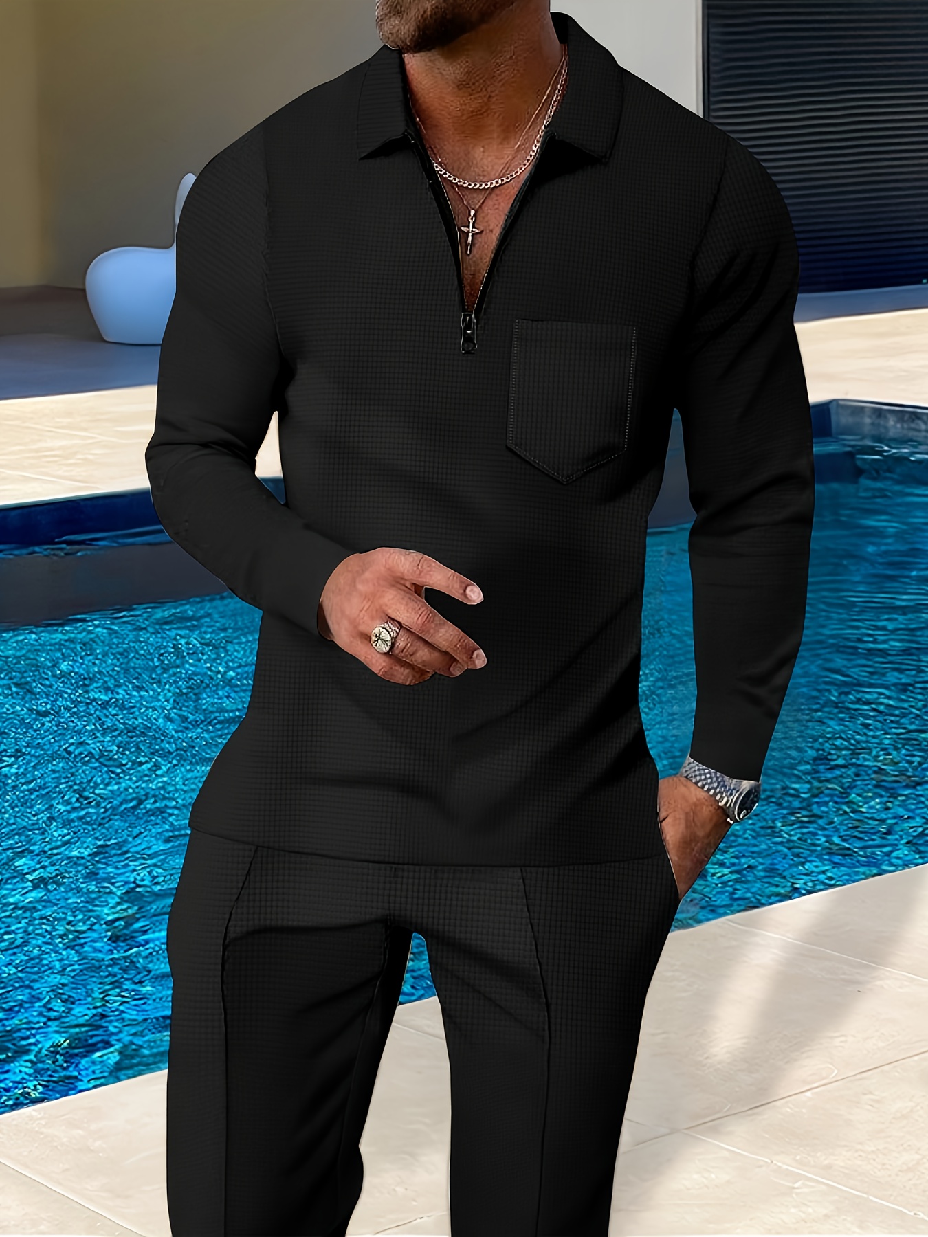 Spring And Autumn New Men'S Suit Lapel Short Zipper Waffle Jacquard Trendy Street Long-Sleeved Top And Solid Color Versatile Comfortable Pants Men'S Two-Piece Suit Clothing - Image 4