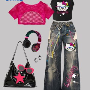 SANRIO 2026 Spring/Summer New Girls' Vest + Mesh Pullover + Pants 3pcs Set Not Denim/Print Effect Hello Kitty Cute Cat with Glasses Pattern Girls' Favorite Clothing Y2K Style Fashion Trend Soft and Comfortable Perfect Gift Choice Suitable for Outdoor
