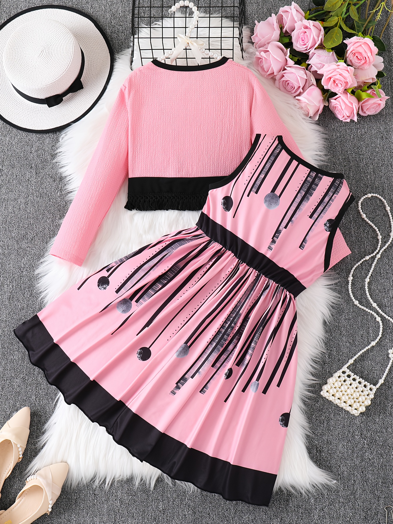 A Casual Dress for Girls Featuring a Random Print, Round Neck, And Bow, Paired with a Fringed Cardigan Set. Made from Comfortable, Skin-Friendly Fabric, It'S Perfect for Everyday Wear, Outdoor Activities, Parties, And Other Special Occasions - Image 4