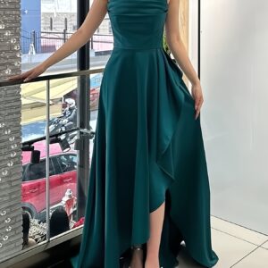 Elegant Women's Green Satin Spaghetti Strap Wrap Neckline Ruffle Hem Back Tie Slit Dress for Banquets, Parties, Weddings, and Bridesmaid Attire
