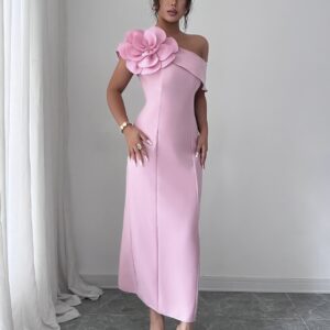 Development Women's French-Style Solid Color 3D Floral Embellished Asymmetric Collar A-Line Versatile Elegant Long Dress Niannian