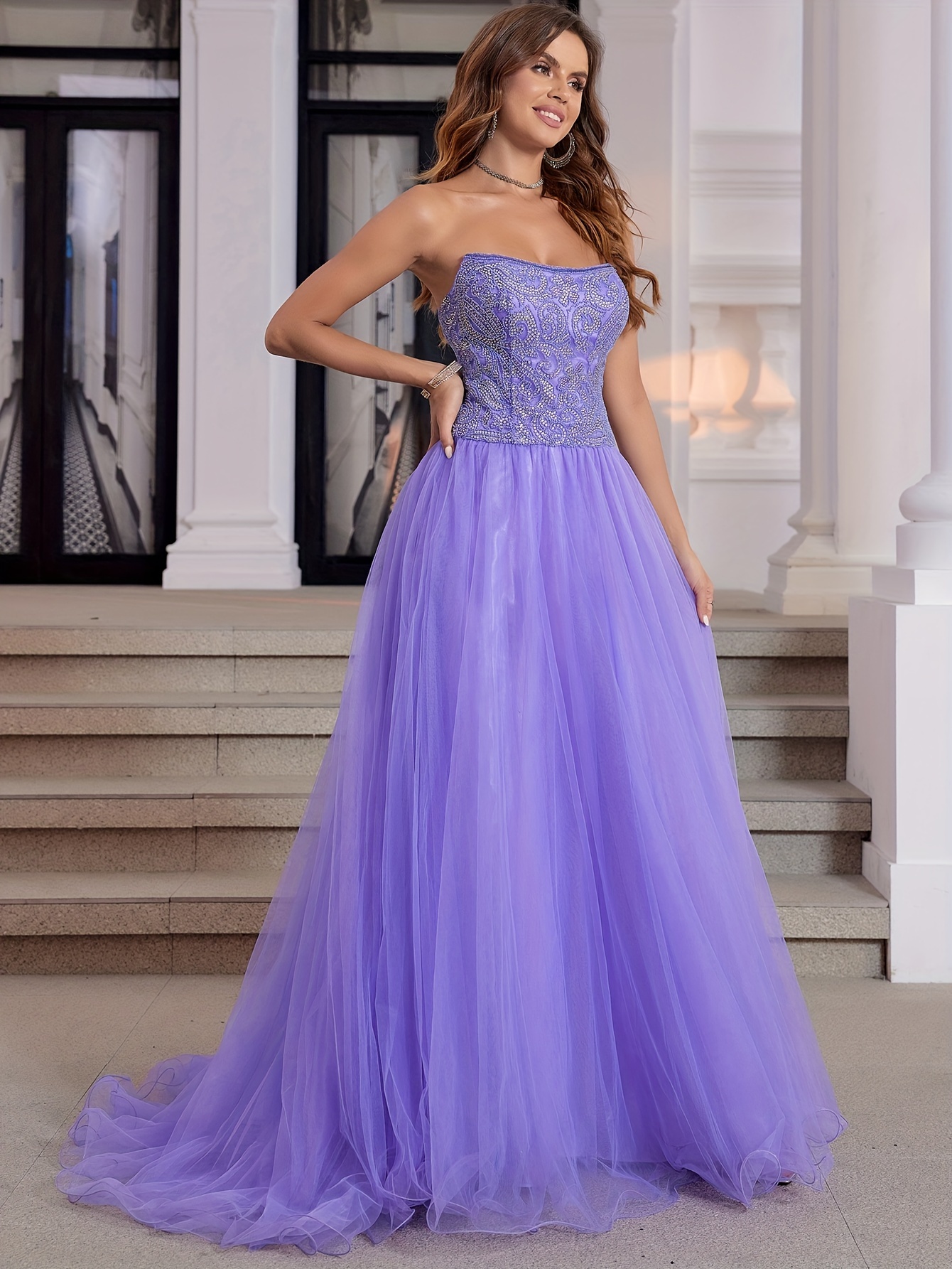 Luxury Crystal Hand Beaded Strapless -Line Evening Gown with Lace-Up Back & Full Train - Long Floor-Length Prom Dresses Suitable for Teens &, Weddings, Galas, Homecoming Parties - Image 6