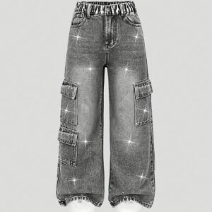 Youthful Y2K Style Street Casual Loose-Fitting Cargo Faux Denim | High-Waisted Elastic Design | Dazzling Rhinestone Embellishments That Catch The Eye | Practical And Trendy Multi-Functional Flat Pocket Design | Hip-Hop Style Wide-Leg Pants with a St