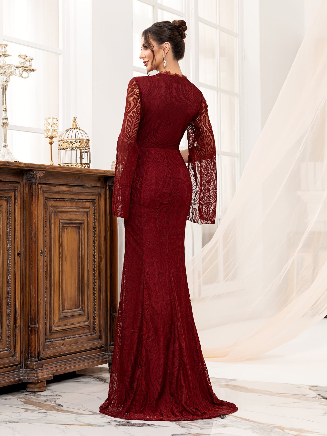 This Is a Stylish And Sophisticated Long Mermaid Dress for Women, Featuring a Sexy Lace V-Neck And a Side Slit. It'S an Ideal Choice for Bridesmaids at Weddings, Formal Banquets, And High-End Occasions - Image 4