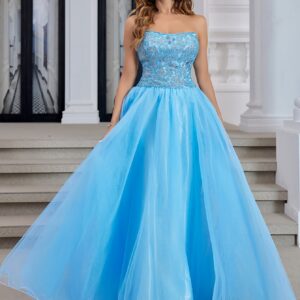 Elegant Crystal-Embellished Evening Gowns with Long Tulle Skirts, Perfect for Homecoming And Prom Events. These Strapless Dresses Feature Lace-Up Backs And Are Designed for, Offering a Floor-Length Silhouette