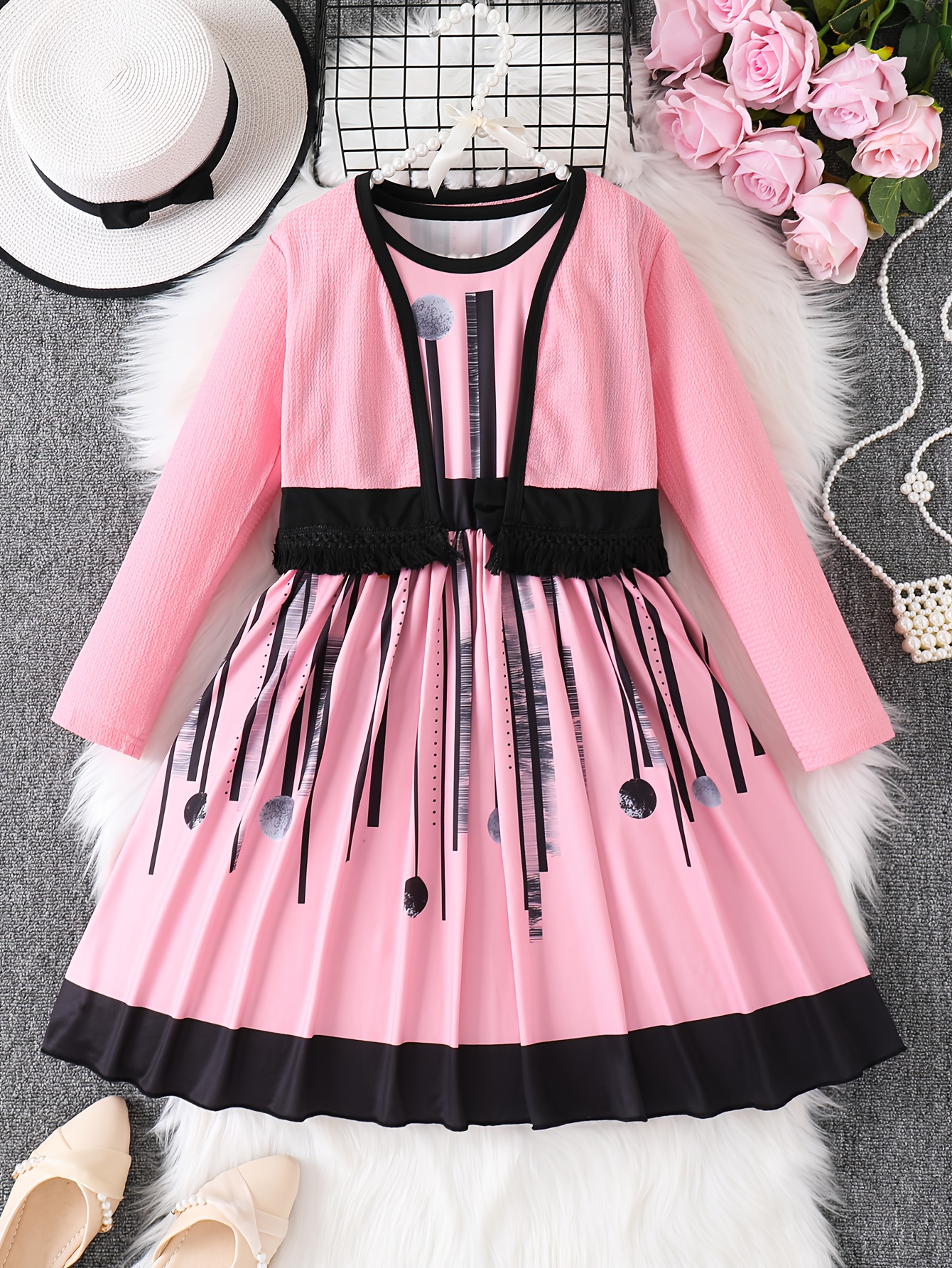 A Casual Dress for Girls Featuring a Random Print, Round Neck, And Bow, Paired with a Fringed Cardigan Set. Made from Comfortable, Skin-Friendly Fabric, It'S Perfect for Everyday Wear, Outdoor Activities, Parties, And Other Special Occasions - Image 7