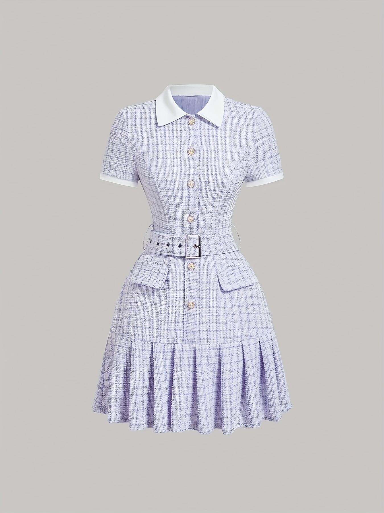 A Short-Sleeved Dress Featuring a Clear Checkered Pattern in a Vintage French Style, Combined with Retro Chess Prints. Perfect for Wear, It Embodies a Aesthetic with an Old-Money Vibe, Showcasing a Preppy Look. Adorned with Pearl Button Details And - Image 5