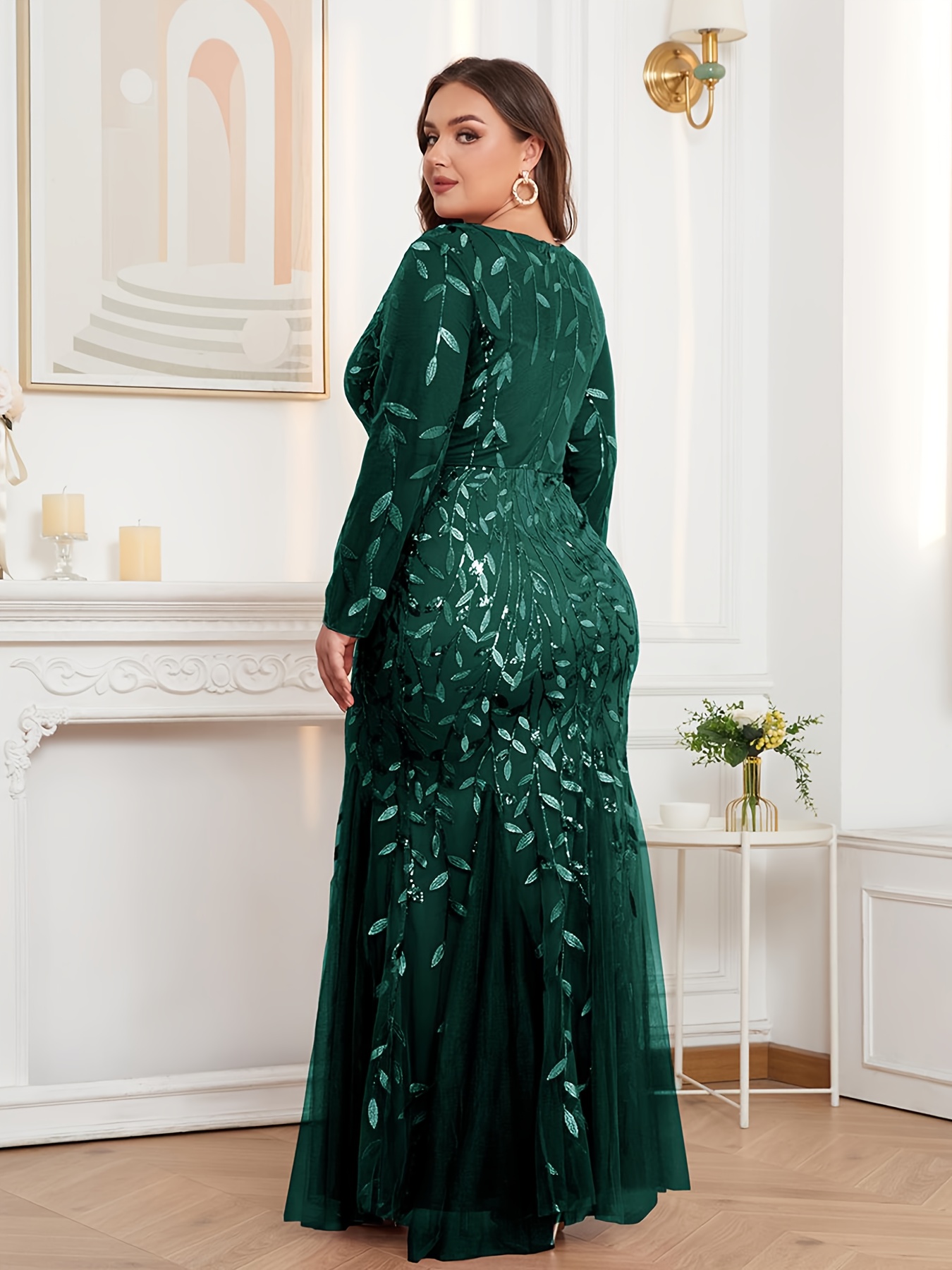 Plus Size, Women's Solid Color Long Sleeve Round Neck Fully Lined Back Zipper Fishtail Maxi Dress Embroidered Evening Dress Mesh Host Wedding Dress Splicing Party Dress - Image 7