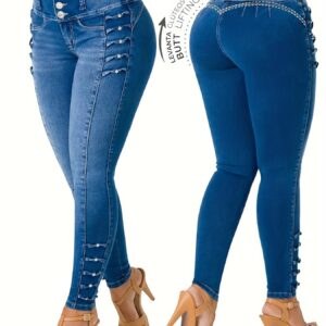 Casual Women'S Jeans with a Blue Wash, Featuring Front Buttons, Side Decorations, an Elastic Waist for a Lifting Effect, And a Snug Fit at The Ankles