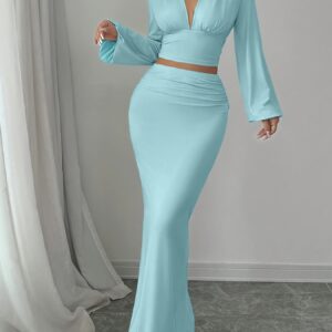 Women'S Elegant Slim-Fit V-Neck Long Sleeve Top & Pencil Skirt Two-Piece Set - Solid Light Blue, Structured Office to Semi-Formal Outfit, Tailored Silhouette for Spring/Autumn, Versatile Work to Semi-Formal Wear, Comfortable & Flattering Fit, Autumn Outfit, Spring Fashion, Stylish Ensemble, Highquality Material, Durable Construction, Matching Outfit, Autumn Wear, Fashion enthusiasts, Working Women, Sleek Style, Sturdy Design, Belt Included, Fashion Lovers