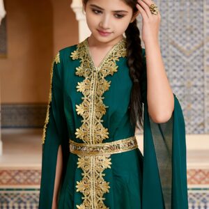 Girls' Teen Ethnic Style V-Neck Lace Trim Waist-Cinched Long Sleeve Maxi Dress Banquet Gown, for Teenager