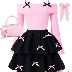 Spring/Autumn New Arrival for Girls: Fashionable and Elegant Off-shoulder Spaghetti Strap Top with a Three-dimensional Bow Decoration, Paired with a Two-tiered Cake Skirt Featuring Contrasting Color Bow Accents. A Comfortable and Stylish Set