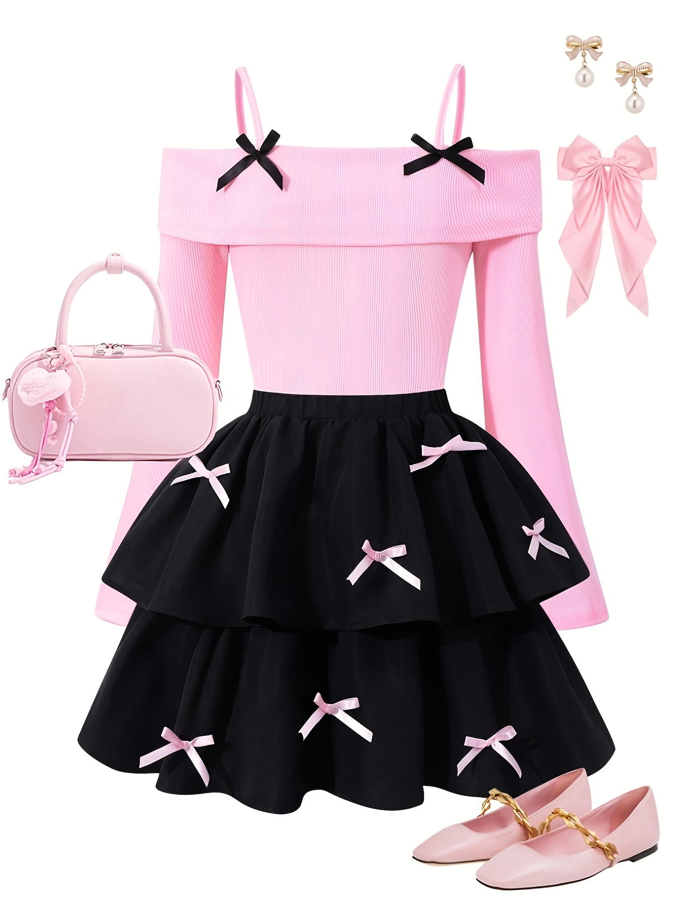 Spring/Autumn New Arrival for Girls: Fashionable and Elegant Off-shoulder Spaghetti Strap Top with a Three-dimensional Bow Decoration, Paired with a Two-tiered Cake Skirt Featuring Contrasting Color Bow Accents. A Comfortable and Stylish Set