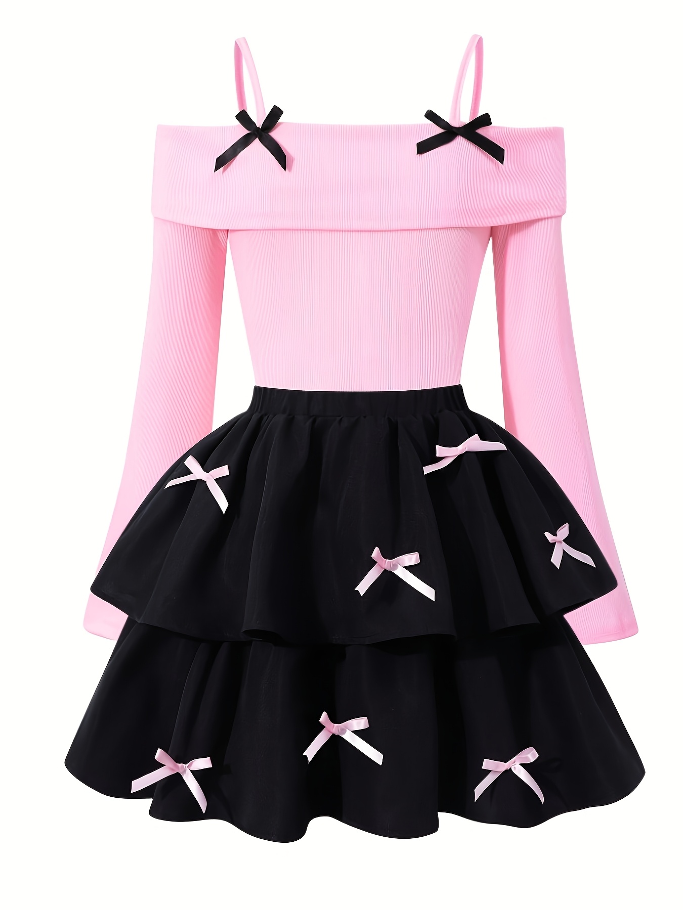 Spring/Autumn New Arrival for Girls: Fashionable and Elegant Off-shoulder Spaghetti Strap Top with a Three-dimensional Bow Decoration, Paired with a Two-tiered Cake Skirt Featuring Contrasting Color Bow Accents. A Comfortable and Stylish Set - Image 3