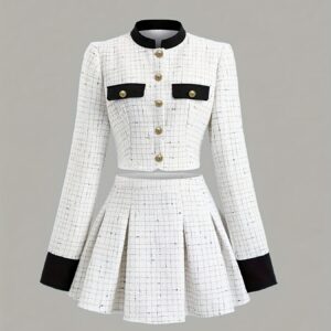 [For Dates, Parties] Two - Piece Set: Women's Tweed Color - Block Cropped Jacket & A - Line Skirt | Elegant Lady Style, Proportion - Enhancing with Color Block & Metal Buttons for Dates, Parties, Casual Gatherings