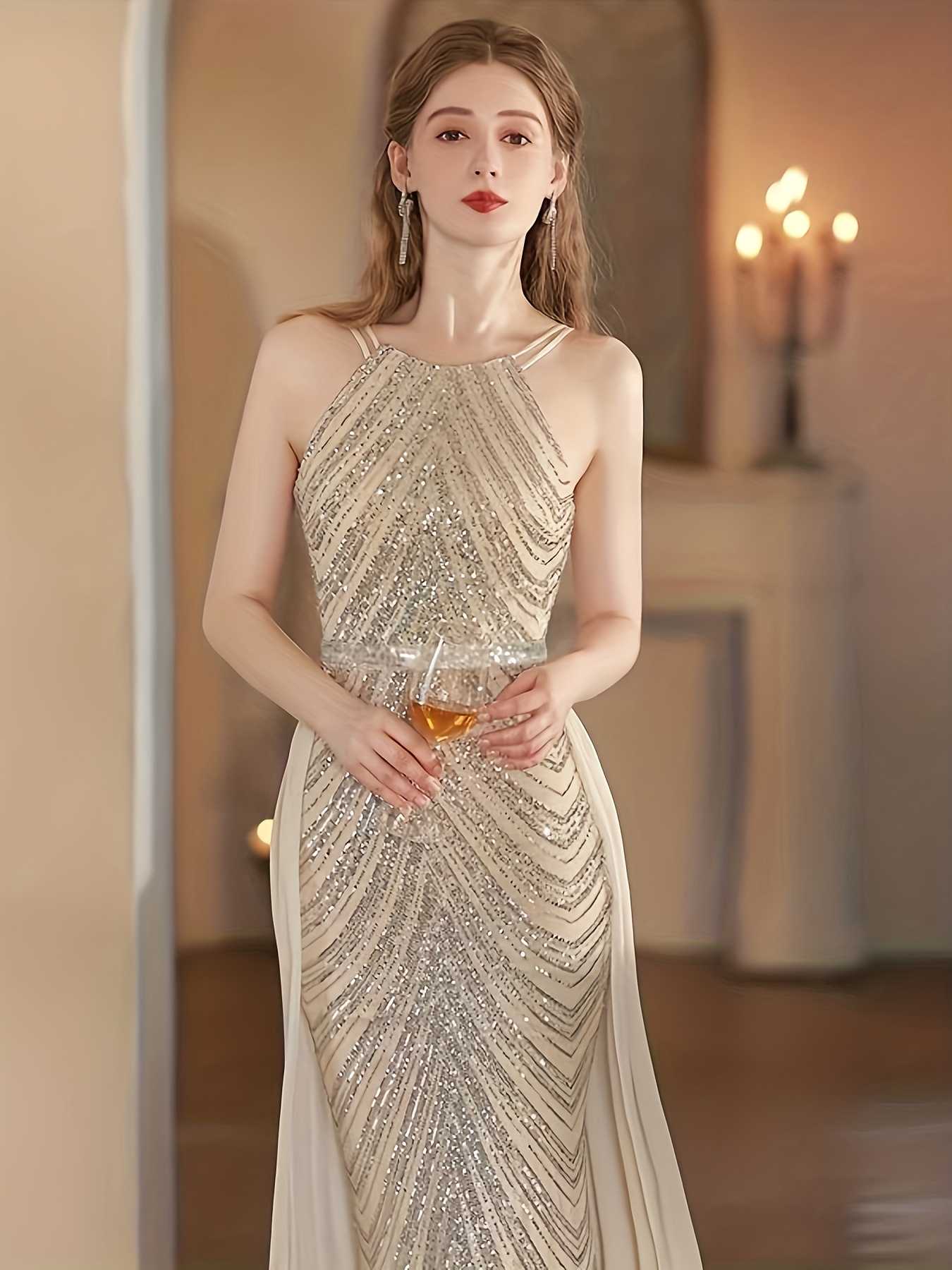 Tan-Colored Women'S Evening Dress, 2026 Spring/Summer Collection, Exquisite And Sexy Hot Style, Paired with Spaghetti Strap Design, Mermaid Tail Embellished Dress, Very Suitable for Parties And Carnival Dressing - Image 7