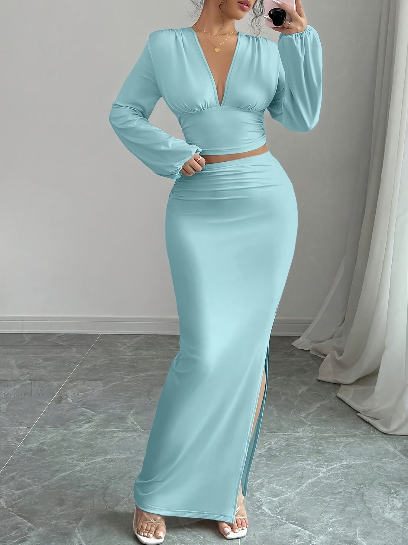 Women'S Elegant Slim-Fit V-Neck Long Sleeve Top & Pencil Skirt Two-Piece Set - Solid Light Blue, Structured Office to Semi-Formal Outfit, Tailored Silhouette for Spring/Autumn, Versatile Work to Semi-Formal Wear, Comfortable & Flattering Fit, Autumn Outfit, Spring Fashion, Stylish Ensemble, Highquality Material, Durable Construction, Matching Outfit, Autumn Wear, Fashion enthusiasts, Working Women, Sleek Style, Sturdy Design, Belt Included, Fashion Lovers - Image 4
