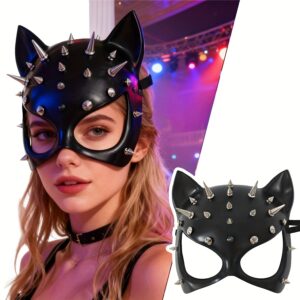 Black Cat Mask Punk Studded Half Face Mask - Gothic Studded Punk Half Face Mask with Studded for Halloween, Carnival & Cosplay - Edgy Costume Accessory for & (No Feathers) - Wearable Mask Suitable for Parties & Events