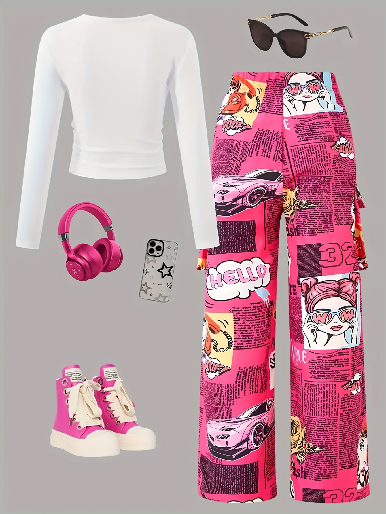 High-Rated Cool Girl Street Style Featuring a Cartoon Print Top Paired with Straight Cargo Pants That Have Side Pockets. This Is a Spring And Autumn Outfit, Excluding Bags And Other Additions. It Includes Girls' School Uniforms - Image 3