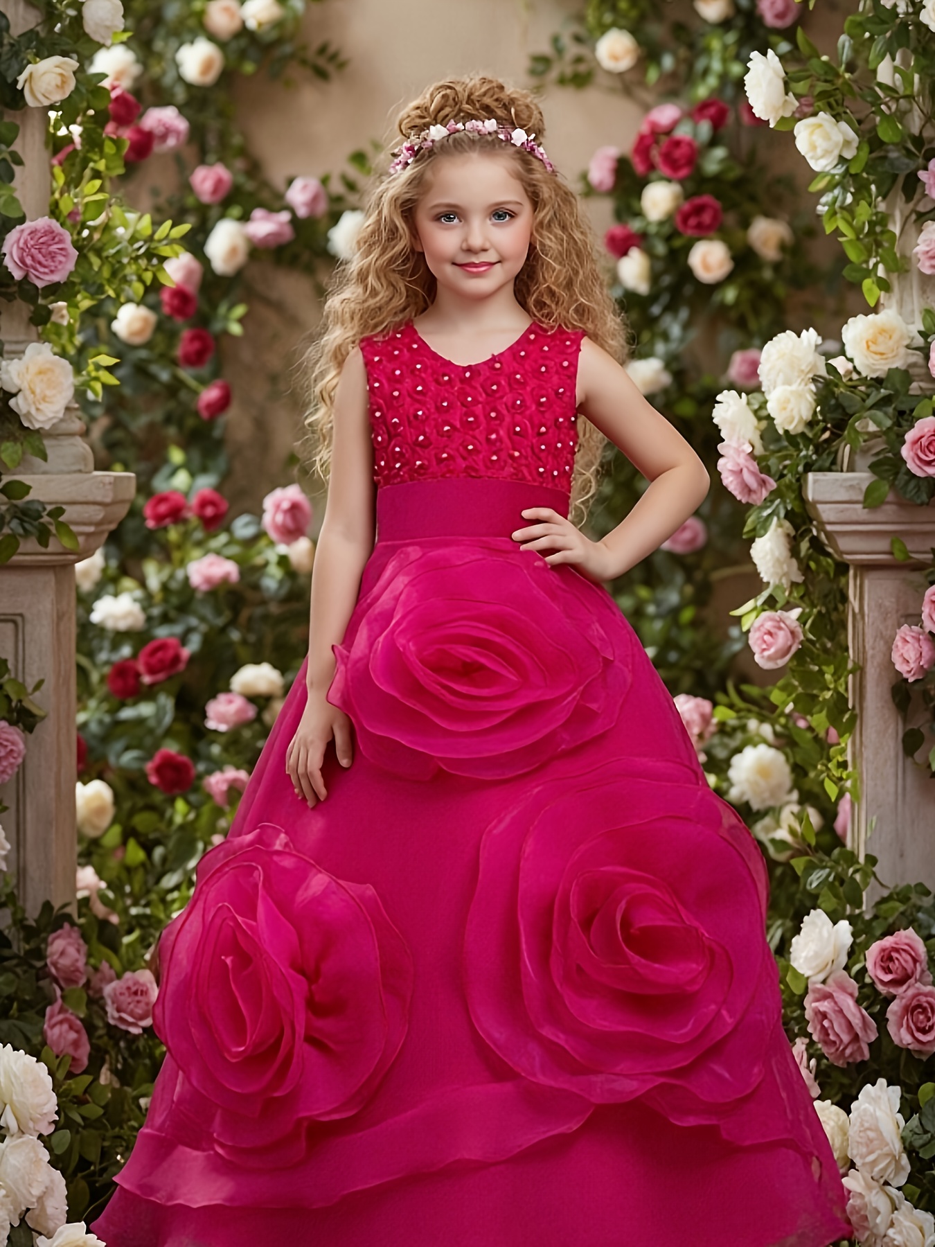 New High-End Girls' Princess Gown: Single-piece Sleeveless 3D Rose Embroidery Top + Full-skirt Organza Ball Gown with 3D Floral Accents. Elegant, Stylish, Sweetideal for Wedding Flower Girls, Birthday Parties, Festivals. - Image 3