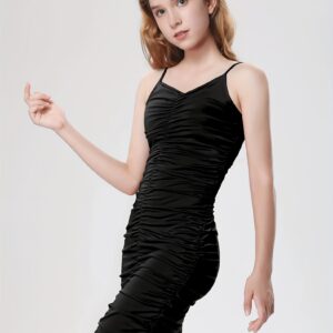 Mebius Girls Spaghetti Strap Bodycon Ruched Dress with V Neck for Summer Parties - Sleeveless Short Fitted Pencil Dress