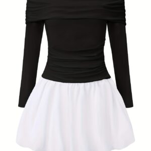 EXARUS Girls' Special Occasion Short Dress with Color Splicing/Solid Colors, Pocket Lined Panties, Square Neck/One-Shoulder Long Sleeve Slim Fit A-Line Dress, Pleated Short Pleated Skirt, Suitable for Teens Aged 8-14