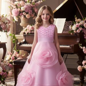New High-End Girls' Princess Gown: Single-piece Sleeveless 3D Rose Embroidery Top + Full-skirt Organza Ball Gown with 3D Floral Accents. Elegant, Stylish, Sweetideal for Wedding Flower Girls, Birthday Parties, Festivals.