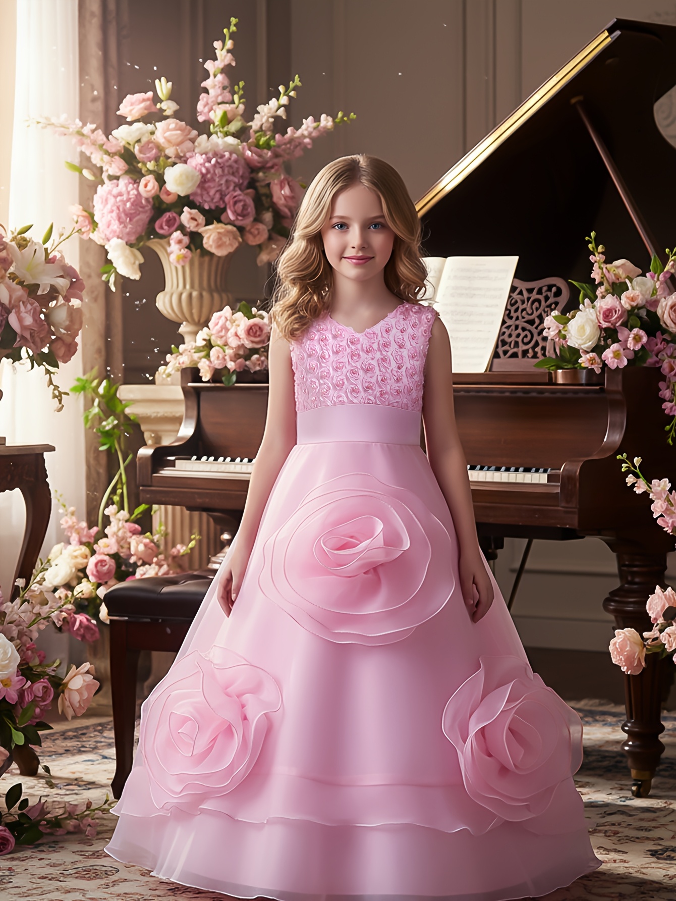 New High-End Girls' Princess Gown: Single-piece Sleeveless 3D Rose Embroidery Top + Full-skirt Organza Ball Gown with 3D Floral Accents. Elegant, Stylish, Sweetideal for Wedding Flower Girls, Birthday Parties, Festivals.