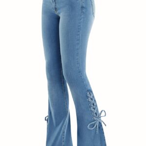Women's Plus Size High-Waist Stretchy Wide-Leg Flare Jeans - Beltless Waist & Cuff Tie Closure, -Washed Blue Denim Pants, Slim-Fit Trousers for Mature Women, All-Season Wear (Casual/Dress) - Machine Washable
