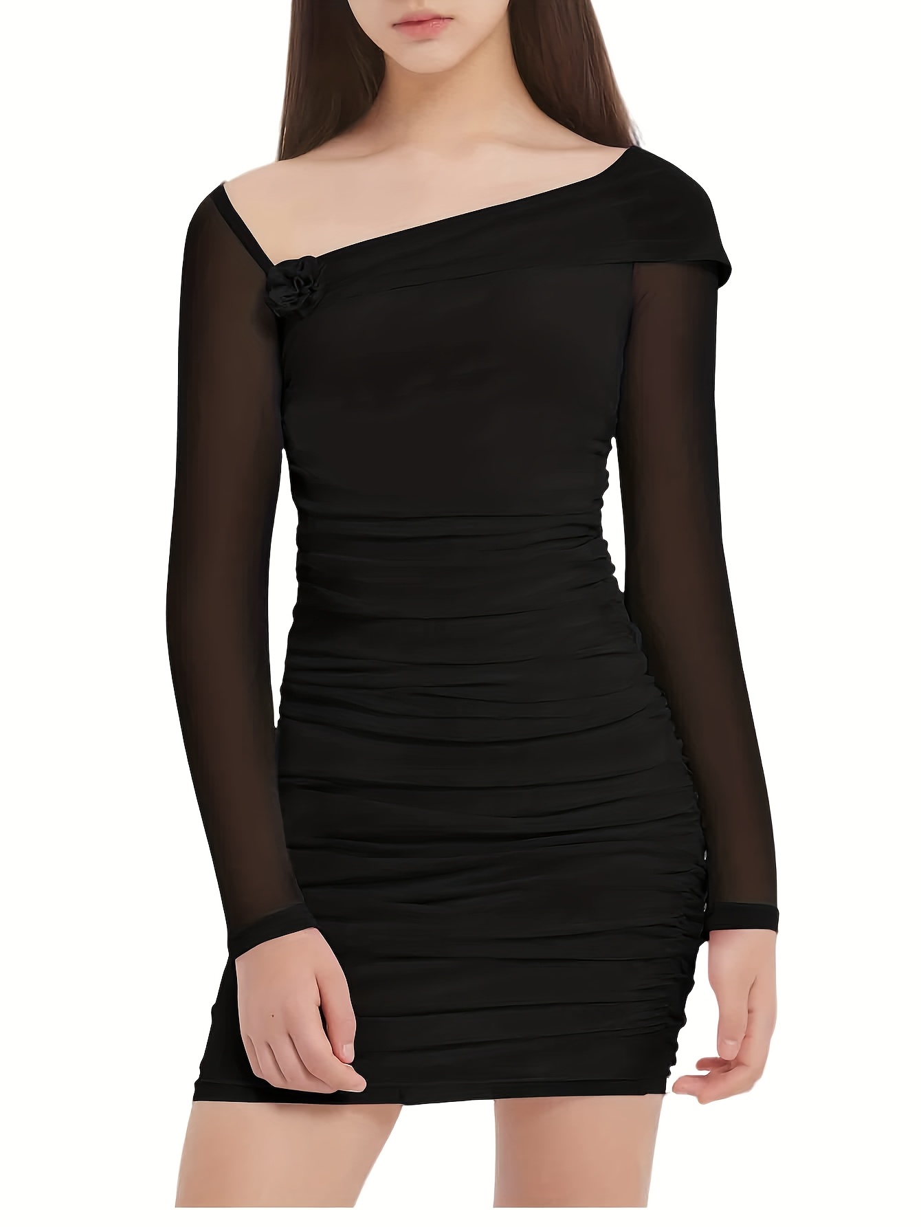 EXARUS Girls' 2025 Autumn/Wedding/Party Dress - 3D Floral One-Shoulder Long Sleeve Mermaid Mini Dress with Non-Slip Strap, Stretchy Slim-Fit Bodice & Train Skirt for Prom, Dance Recitals (Ages 8-14) - Elegant Wedding Guest Gown - Image 4