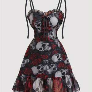 Gothic Dark Skull Print Suspender Tube Top Cake Skirt Bow Decoration Party Light Luxury Dress, Baroque Style, Luxurious Court Style, Prom Dress, Cruise Dress, Holiday Dress
