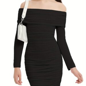 EXARUS Off-The-Shoulder Bodycon Dress for Girls, Featuring 3D Romantic Ruffled Long Sleeves, Made from High-Stretch Fabric, Perfect for Evening Parties, Designed for Girls Aged 8 to 14