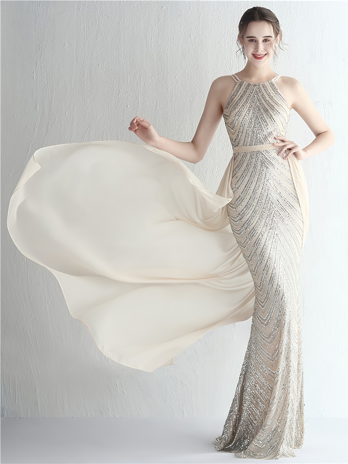 Tan-Colored Women'S Evening Dress, 2026 Spring/Summer Collection, Exquisite And Sexy Hot Style, Paired with Spaghetti Strap Design, Mermaid Tail Embellished Dress, Very Suitable for Parties And Carnival Dressing - Image 2