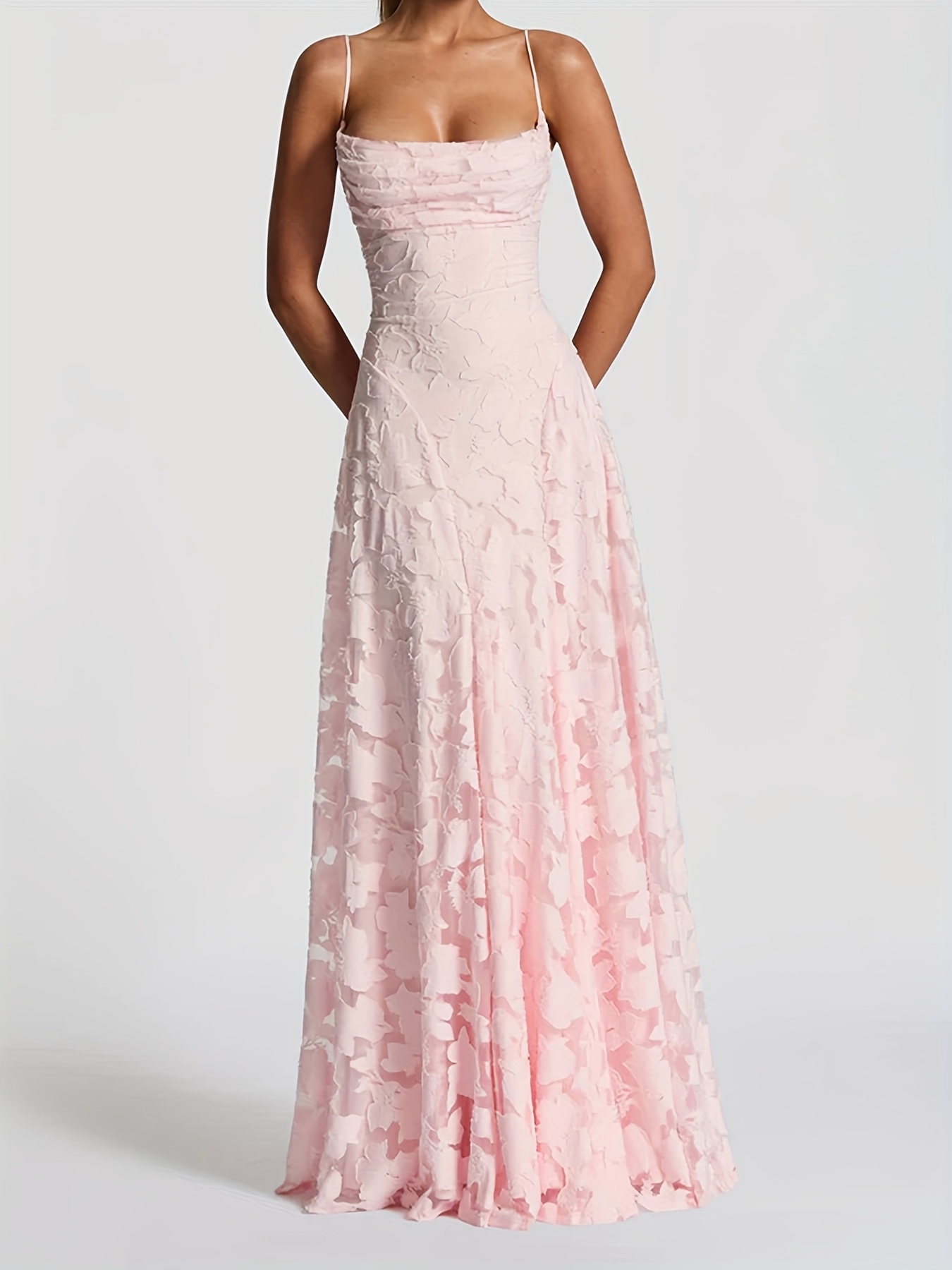 Sophisticated A-Line Party Dress for Women with Spaghetti Straps And Back Tie - Long Summer Formal Gown Made from Unique Fabric, Washable in Machine, Solid Hue Ideal for Weddings And Evening Gatherings, Perfect Attire for Wedding Guests - Image 5