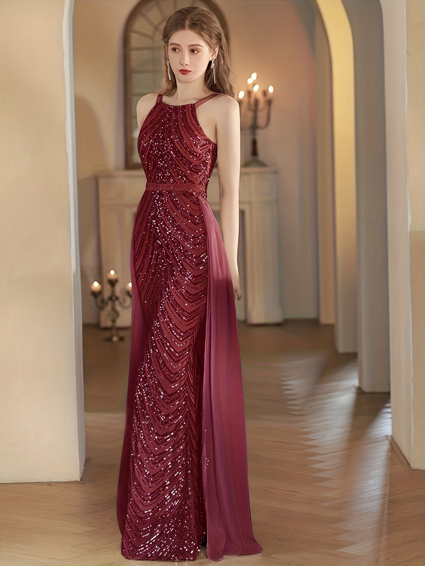 Tan-Colored Women'S Evening Dress, 2026 Spring/Summer Collection, Exquisite And Sexy Hot Style, Paired with Spaghetti Strap Design, Mermaid Tail Embellished Dress, Very Suitable for Parties And Carnival Dressing - Image 6