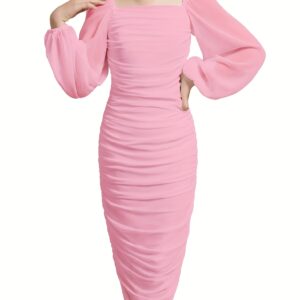 EXARUS Girls Pleated Bodycon Dress Teen Homecoming Dance Special Occasion Chiffon Lantern Sleeve Midi Dress