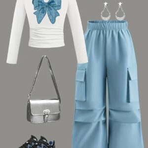 High-Scoring Girls' Autumn/Winter Long-Sleeve Bow Patch Top + Cargo Pants - A Perfect Balance of Cool and Cute, Making Your Child the Most Eye-Catching Street Style Star, Perfect for Outdoor