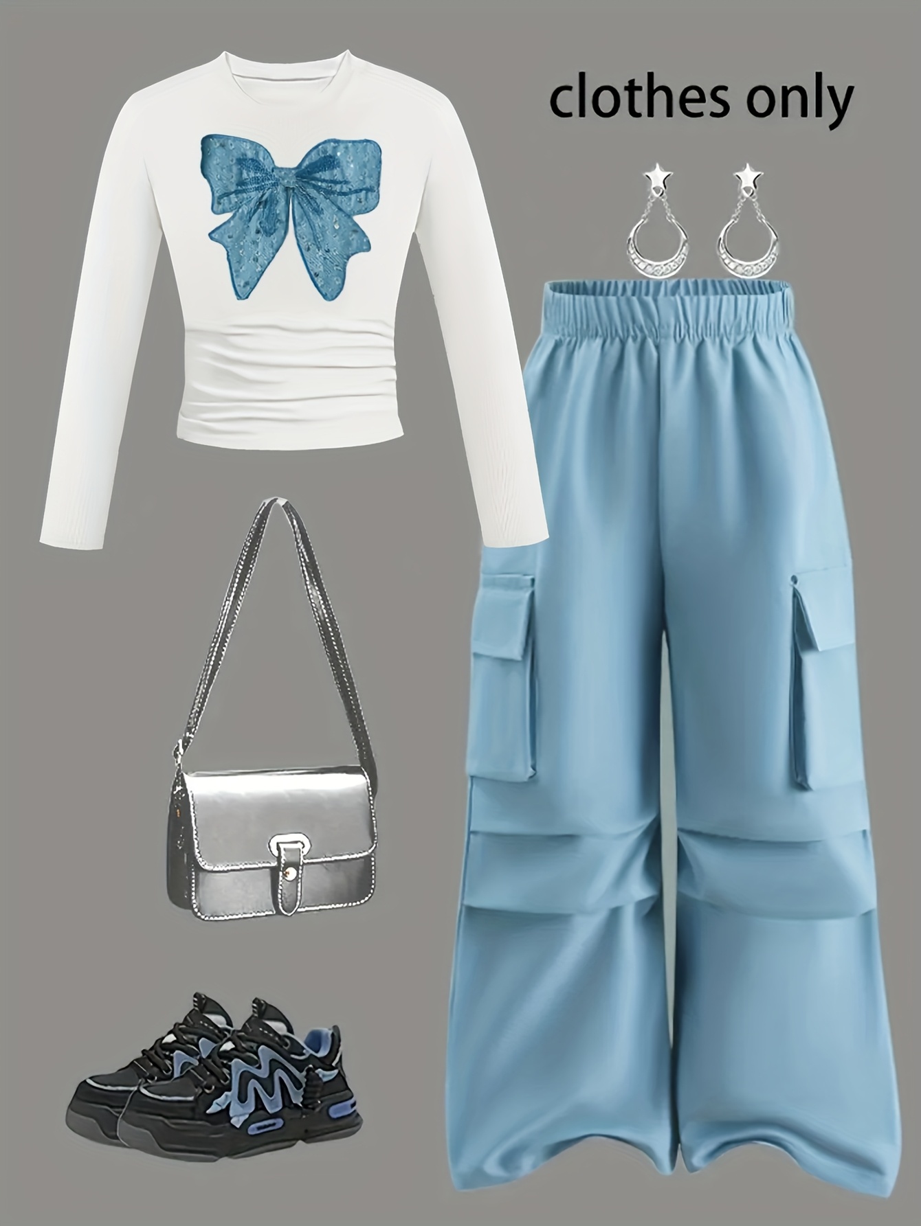 High-Scoring Girls' Autumn/Winter Long-Sleeve Bow Patch Top + Cargo Pants - A Perfect Balance of Cool and Cute, Making Your Child the Most Eye-Catching Street Style Star, Perfect for Outdoor